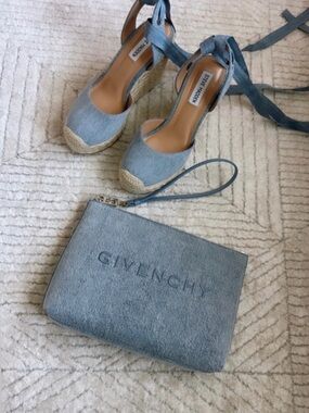 Givenchy Blue Denim Wristlet with Steve Madden Denim Espadrille Wedges